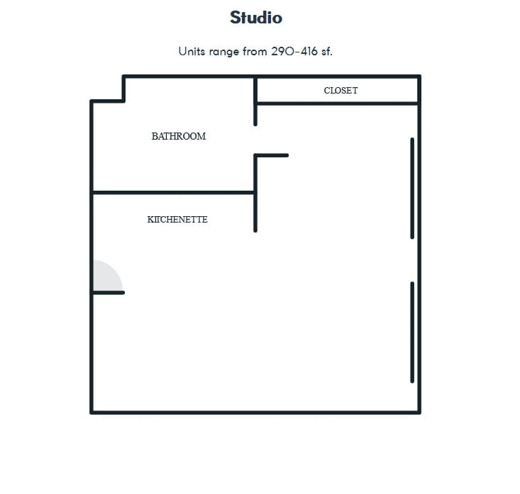 A floor plan of a studio apartment with designated kitchen and closet areas.