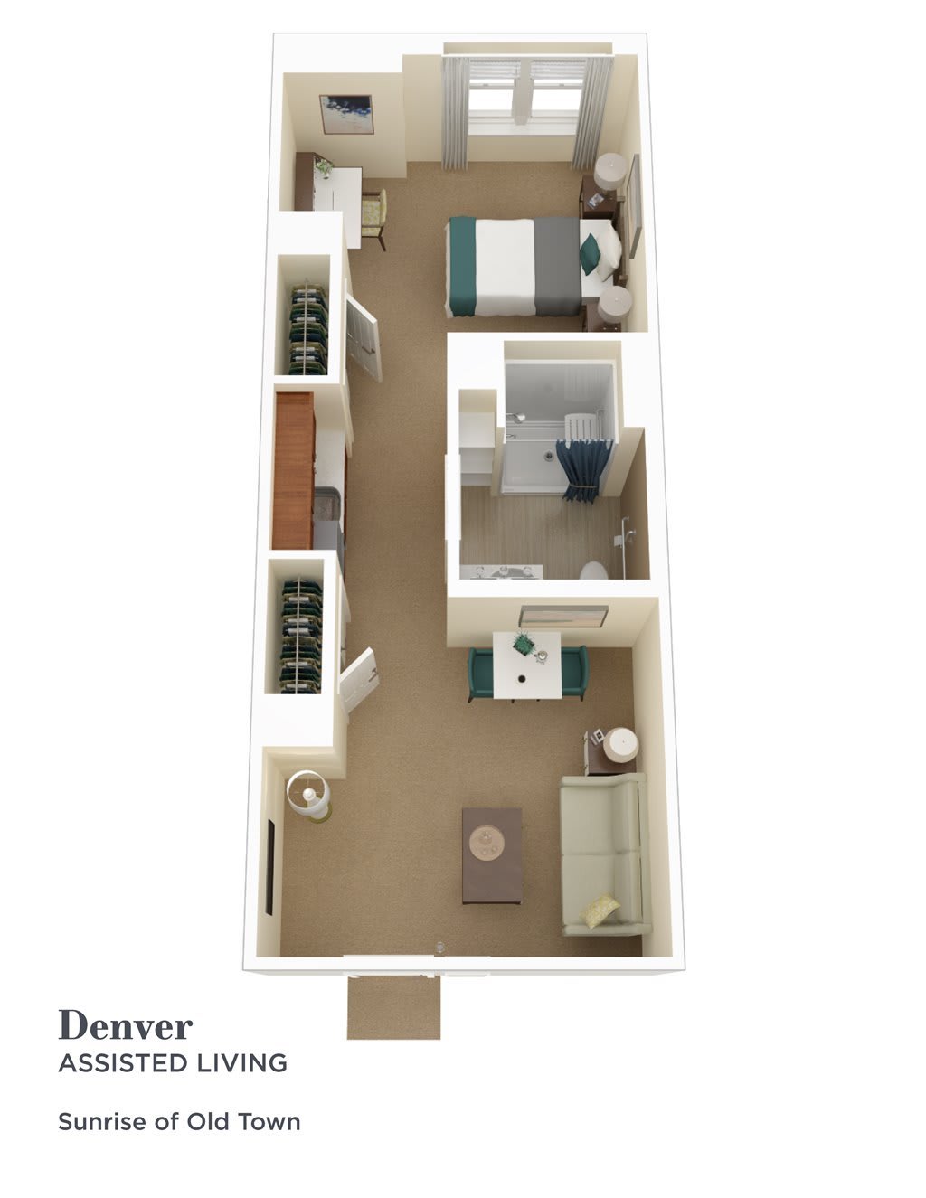 3D floor plan of a one-bedroom apartment with living area, kitchen, and bathroom.