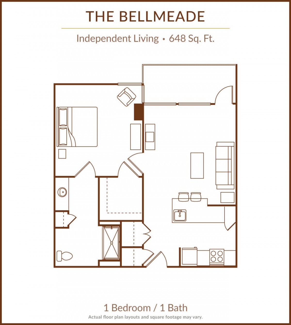 Floor plan of The Bellmeade, an independent living apartment with 1 bedroom and 1 bath, covering 462 square feet.
