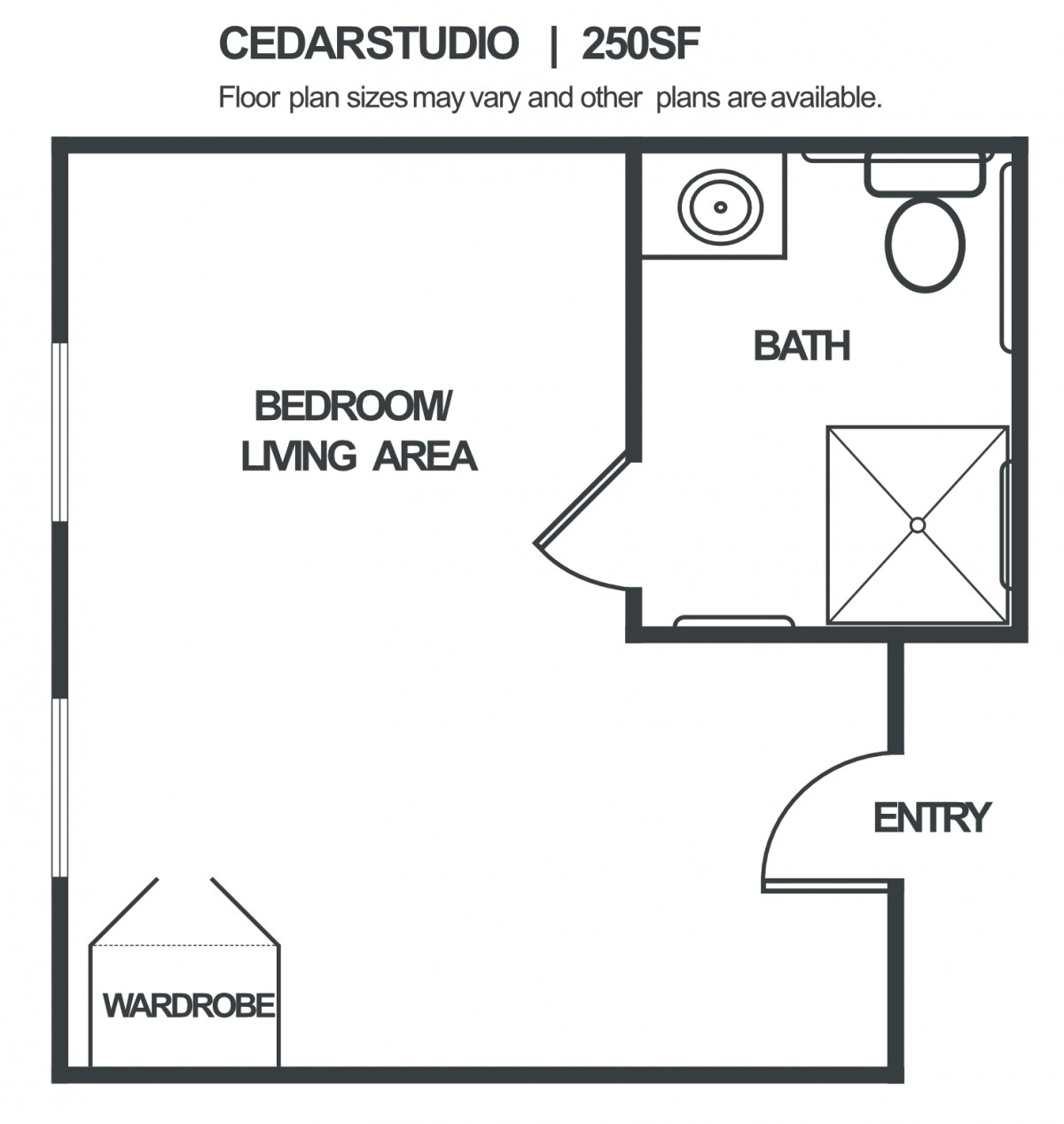 Floor plan of a studio apartment with a bedroom/living area and bath.