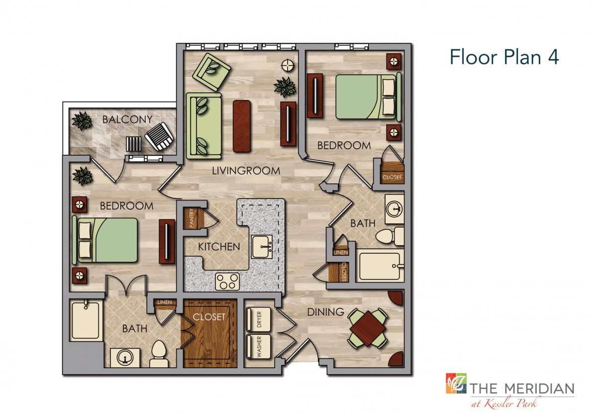 A detailed floor plan of a two-bedroom apartment with labeled rooms, including a kitchen, living room, dining area, two bathrooms, and a balcony.