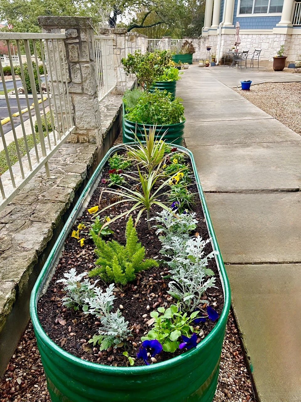 A row of green planters filled with various plants and flowers along a sidewalk.