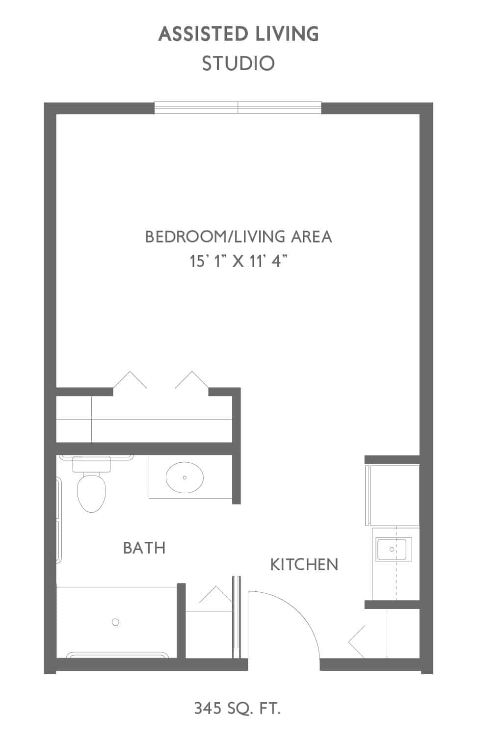 Studio apartment floor plan showing living, kitchen, and bath areas.