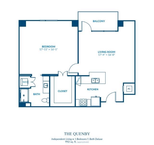 A floor plan of a one-bedroom apartment, featuring a living room, kitchen, and bathroom.