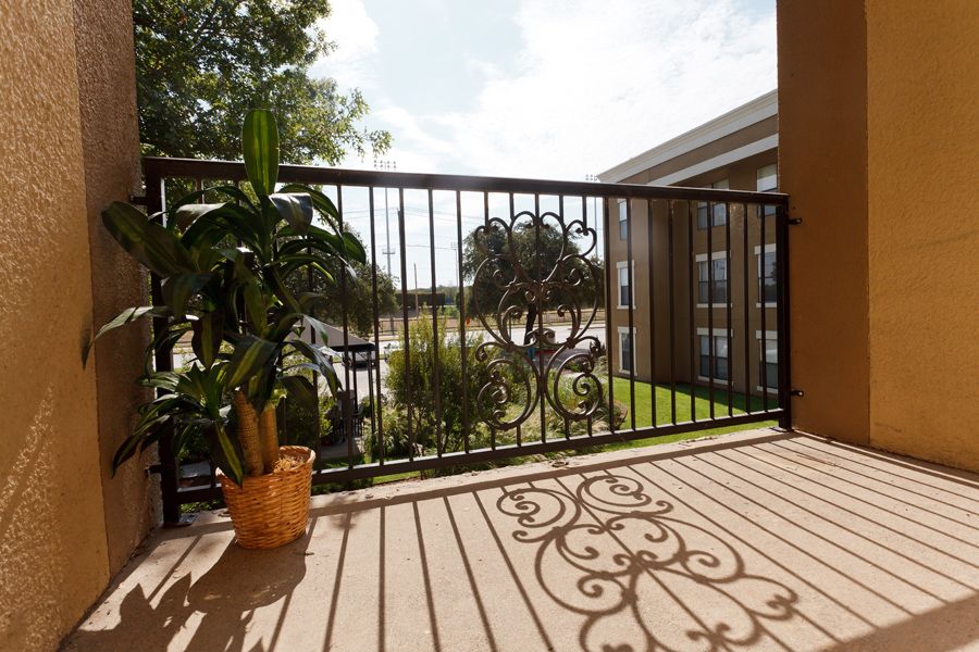 A sunny balcony with an iron railing casting intricate shadows and a potted plant adding greenery.