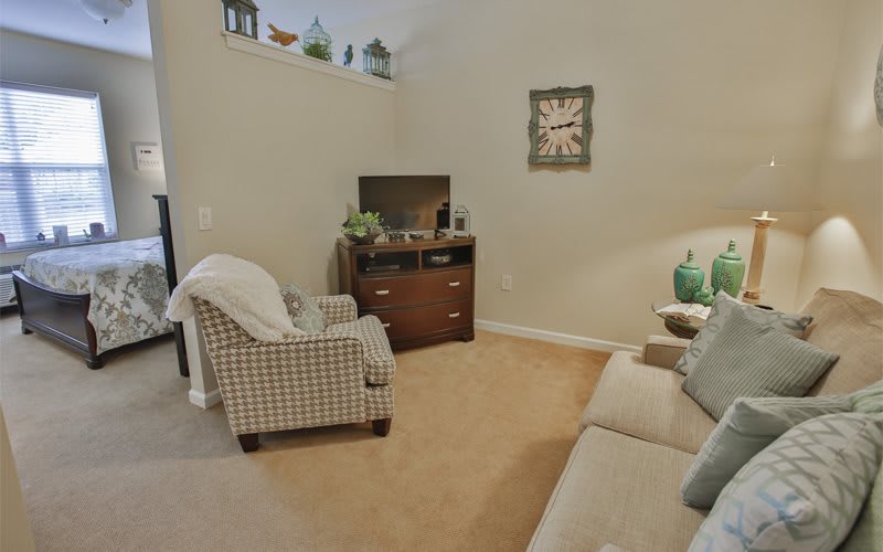 A cozy living room with a TV, armchair, and sofa arranged around a small rug.