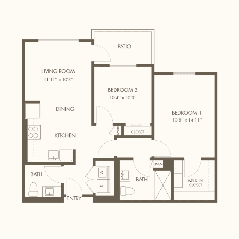 This is a floor plan of an apartment featuring two bedrooms, a living area, dining space, and kitchen.