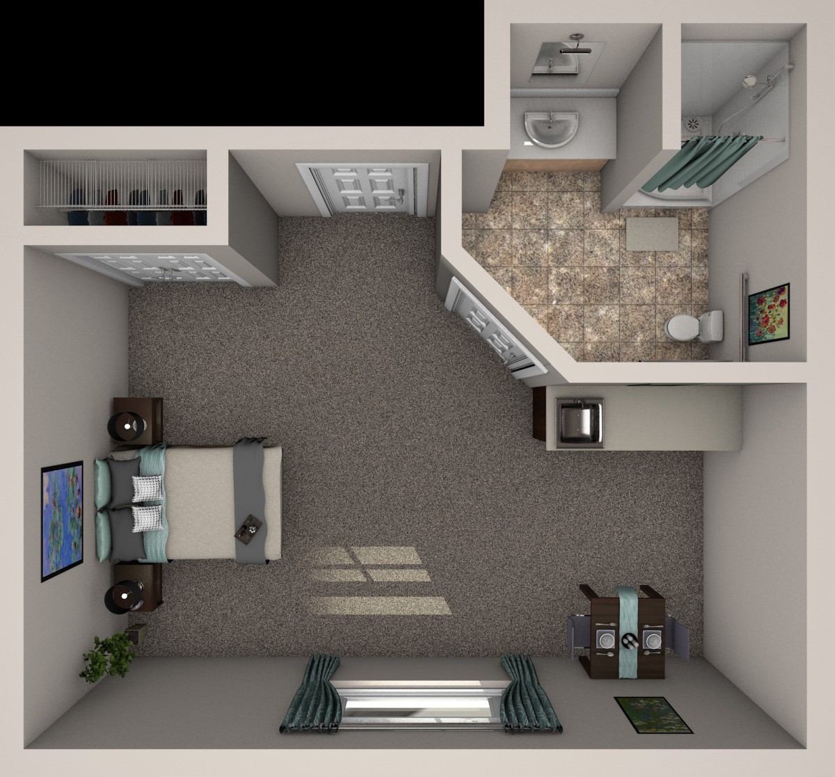 Studio apartment floor plan with compact living and kitchen areas.
