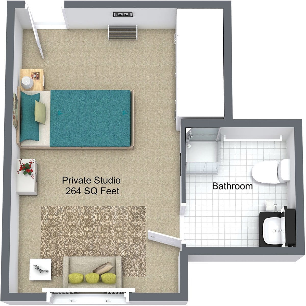 Floor plan of a private studio apartment with a bedroom and bathroom layout, totaling 250 square feet.