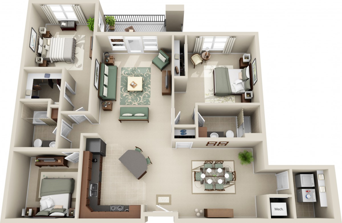 A detailed floor plan of a two-bedroom apartment with an open living and dining area.