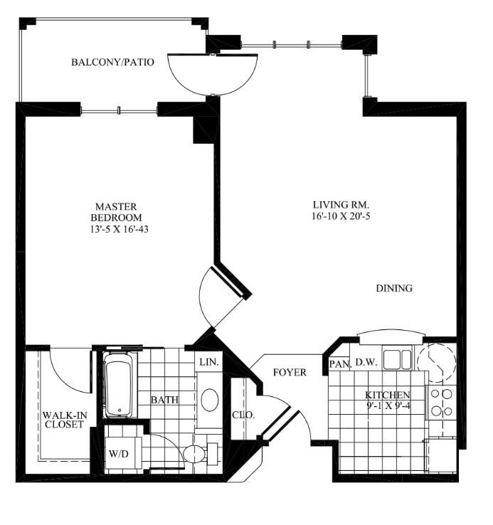 A floor plan of a one-bedroom apartment with a living area, kitchen, bathroom, and balcony.