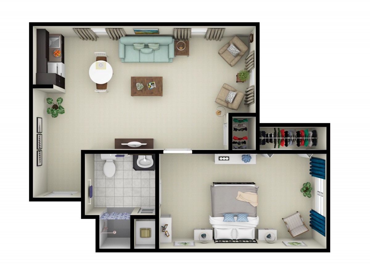 A detailed floor plan of a one-bedroom apartment featuring a living room, kitchen, bathroom, and bedroom.