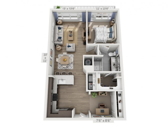 A 3D floor plan of a one-bedroom apartment showcasing an open living area with kitchen and dining space, a separate bedroom, and a bathroom.