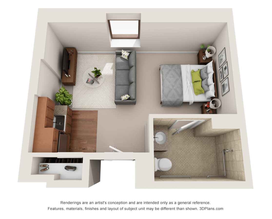 A 3D floor plan of a compact studio apartment featuring a bedroom, bathroom, and living area with minimalist furniture.