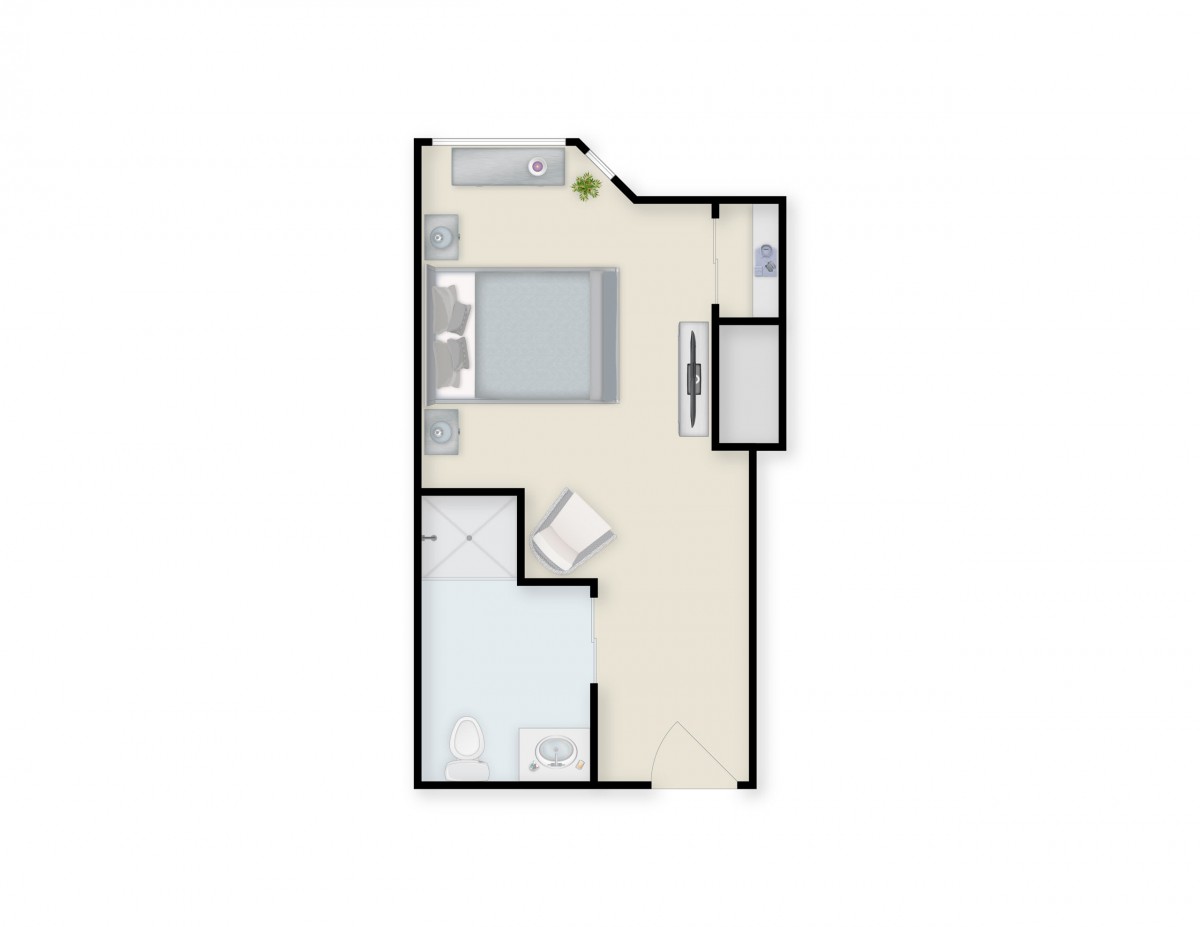 A floor plan of a studio apartment showing the layout of the living and sleeping areas.
