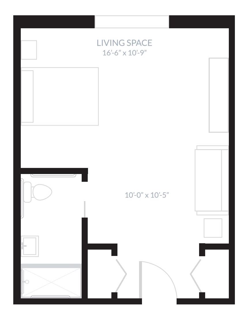 A simple studio apartment floor plan with designated living space and bathroom area.