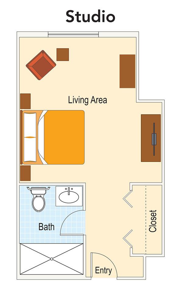 A floor plan of a compact studio apartment featuring a living area, bed, bathroom, and closet.