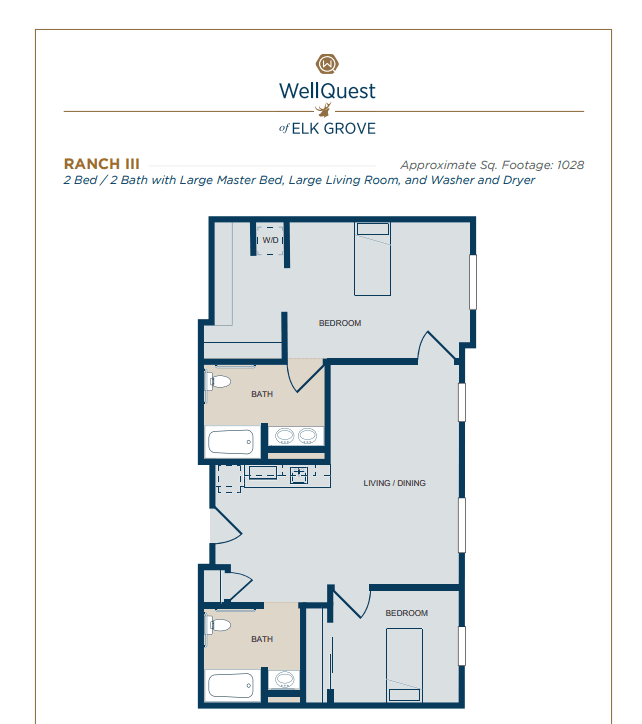 A detailed floor plan of an apartment unit from WellQuest at Elk Grove, showing the layout and room dimensions.
