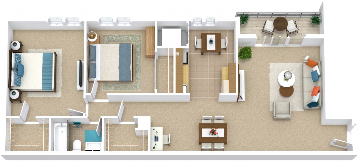This is a floor plan of an apartment featuring a bedroom, kitchen, living room, and dining area.