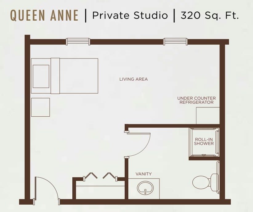 Floor plan of a 320 square foot private studio apartment.