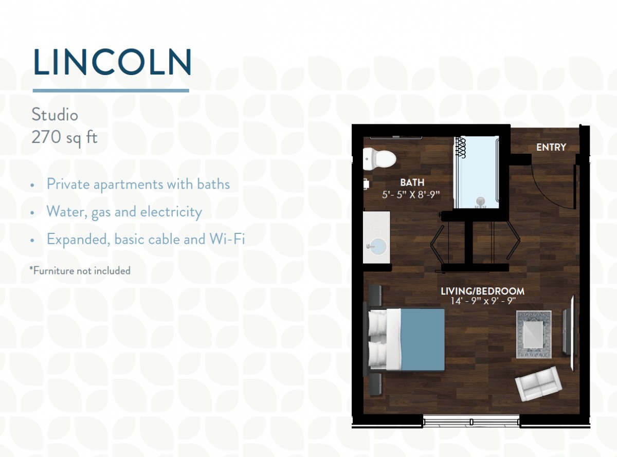 Lincoln studio apartment layout with bed, bath, and kitchen area.