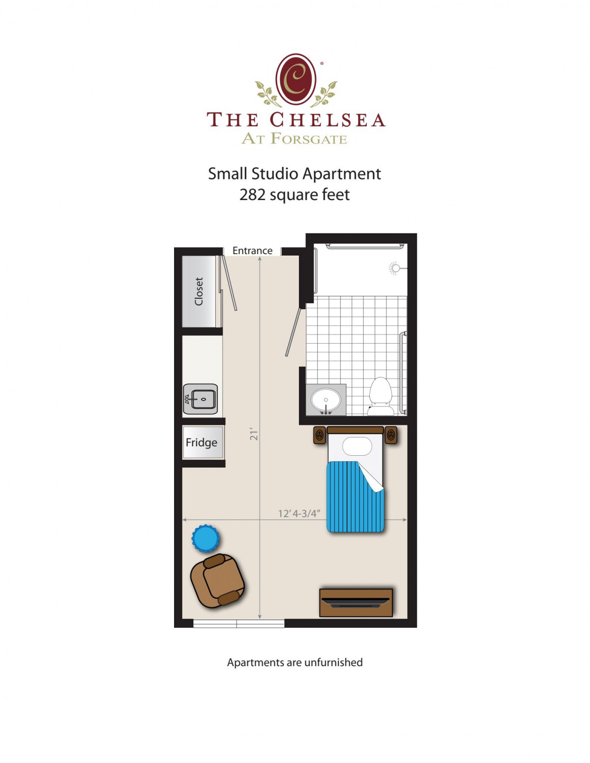 Floor plan of a small studio apartment measuring 300 square feet at The Chelsea.