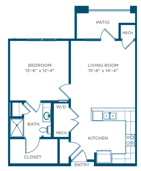 A one-bedroom apartment floor plan featuring a living room, kitchen, bathroom, and patio.