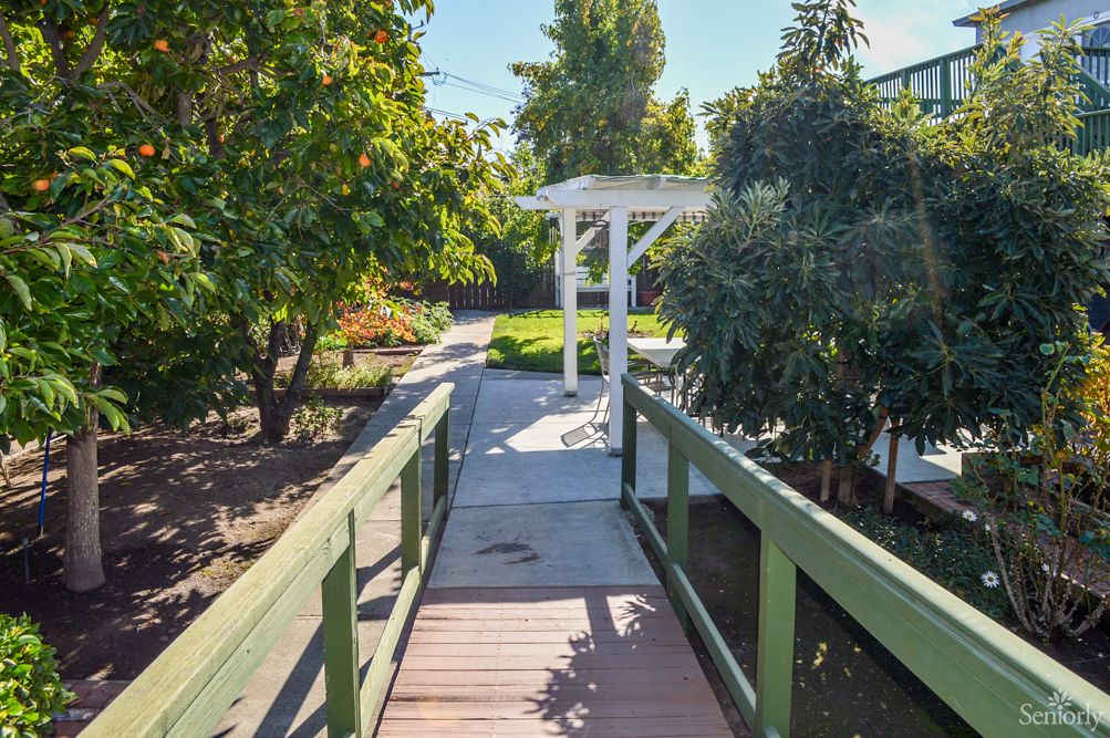 A sunny garden pathway featuring a small wooden bridge surrounded by lush greenery.