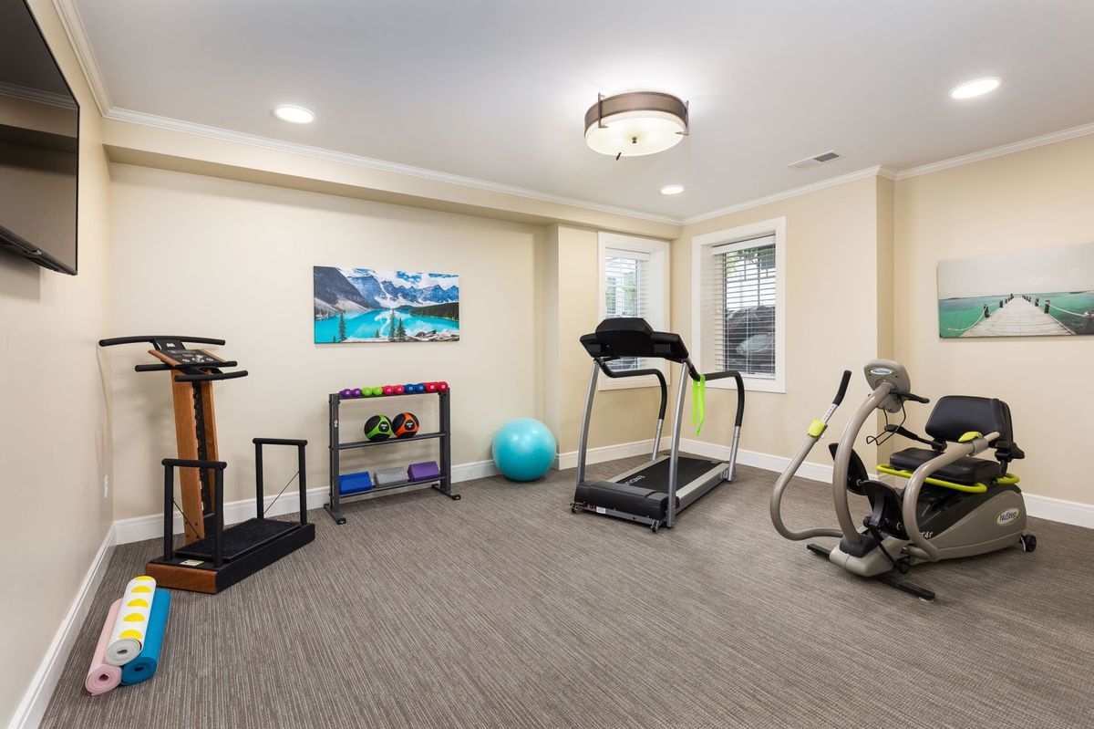 A well-equipped home gym with various exercise machines and accessories.