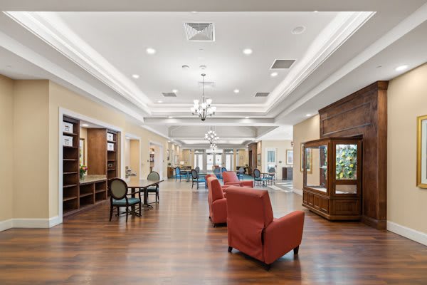 A spacious lobby area with comfortable seating and elegant lighting.