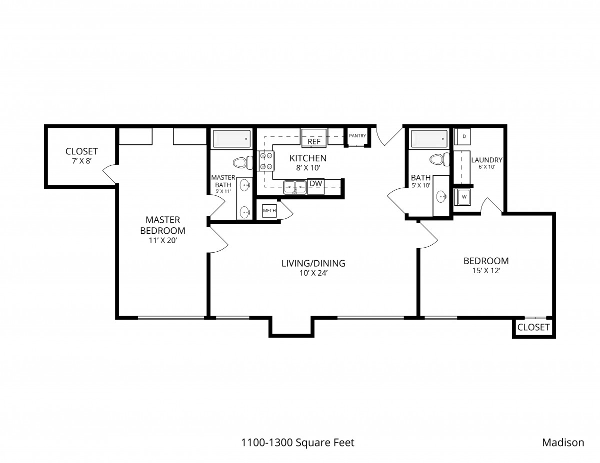 A detailed floor plan of an apartment featuring two bedrooms, two bathrooms, a living/dining area, and a kitchen.
