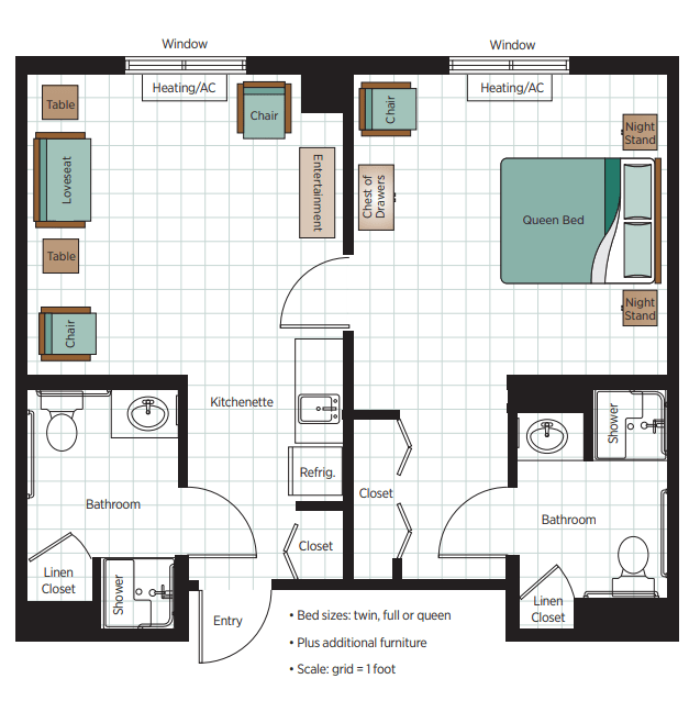 A detailed floor plan of a two-bedroom apartment, showcasing the arrangement of rooms and furniture.