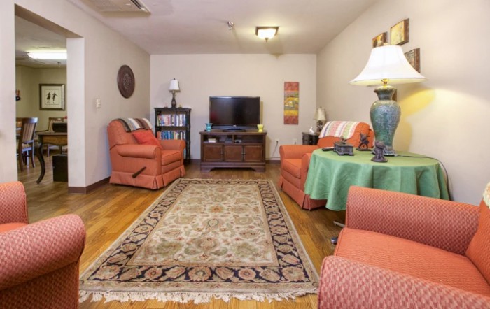 A cozy living room with warm-colored furniture, a patterned rug, and a television.