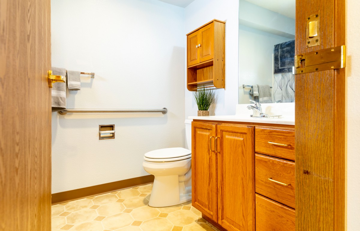 A spacious bathroom with wooden cabinetry, featuring a toilet and sink under a large mirror.