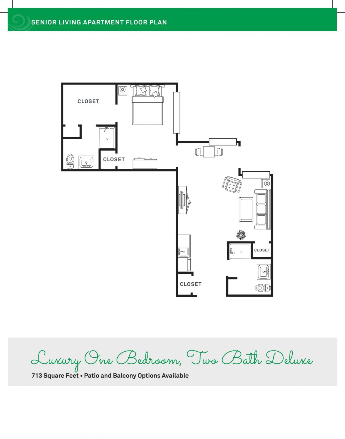 Luxury one-bedroom, two-bath deluxe apartment floor plan.
