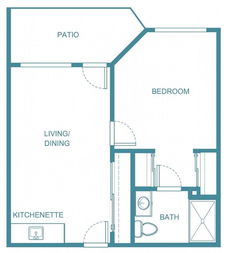 One-bedroom apartment floor plan with a kitchenette, living/dining area, bathroom, and patio.