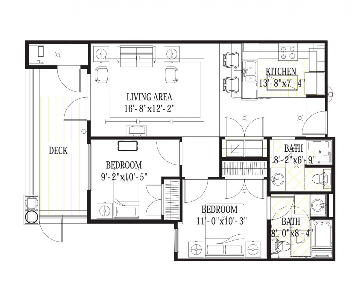 A floor plan of a three-bedroom apartment, including a living area, kitchen, and bathrooms.
