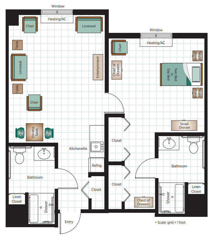 A detailed floor plan of an apartment featuring a living room, bedroom, kitchen, and bathroom.