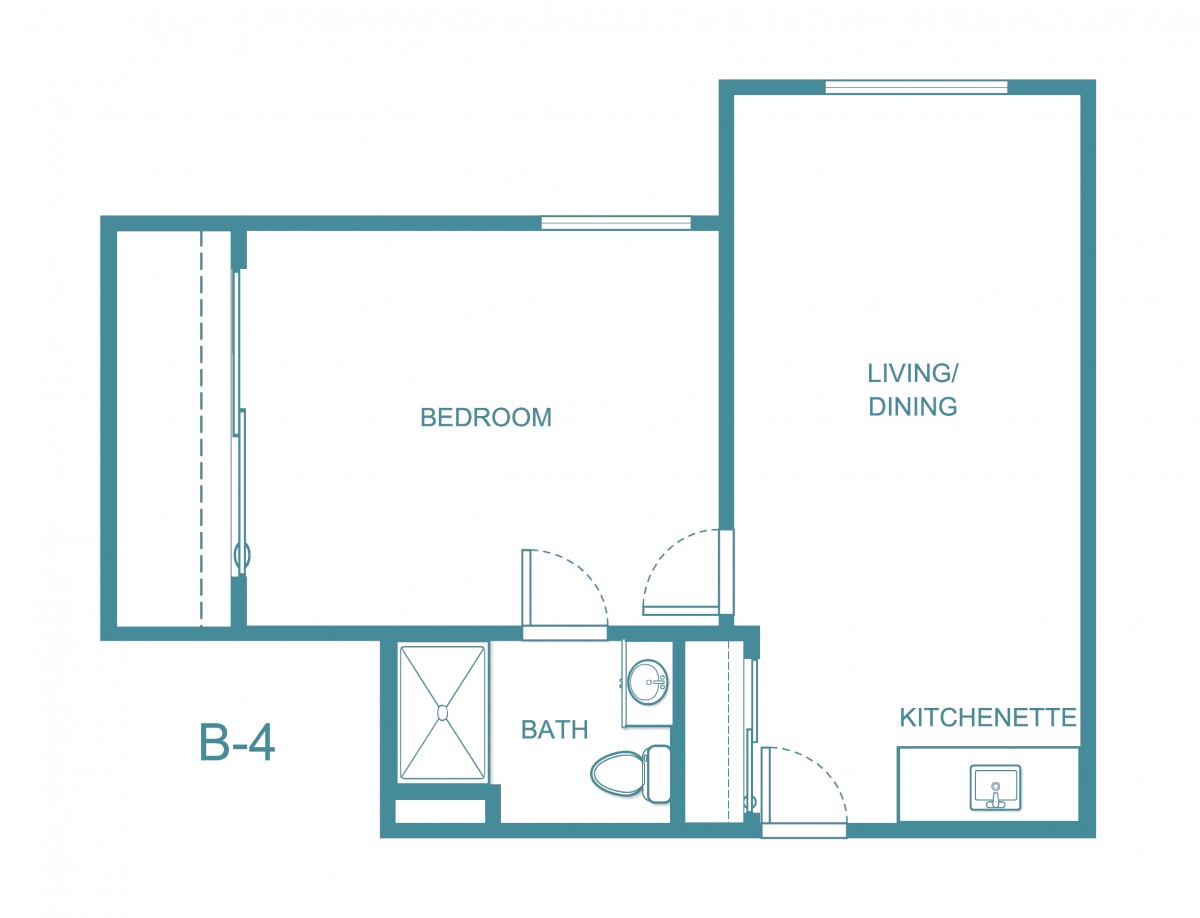 A simple floor plan showing the layout of a one-bedroom apartment with a living/dining area, kitchenette, bathroom, and bedroom.