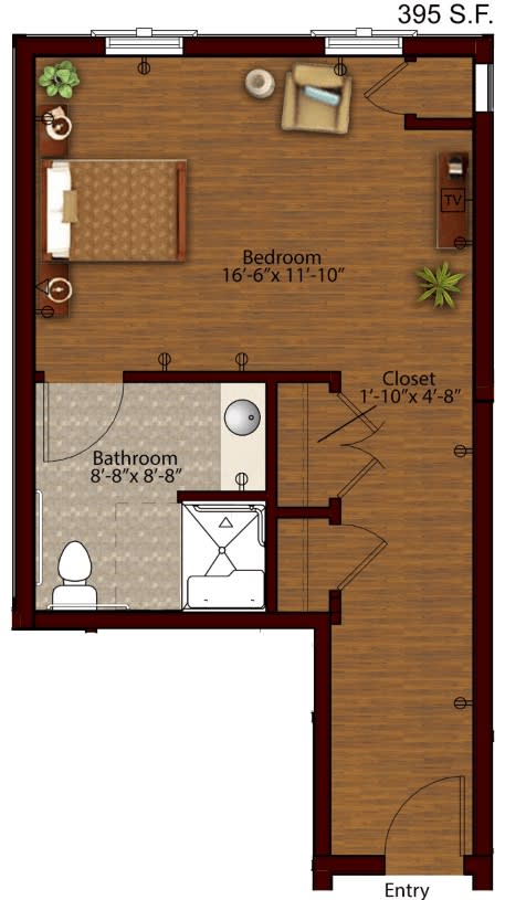 A floor plan featuring a bedroom, bathroom, and closet layout.