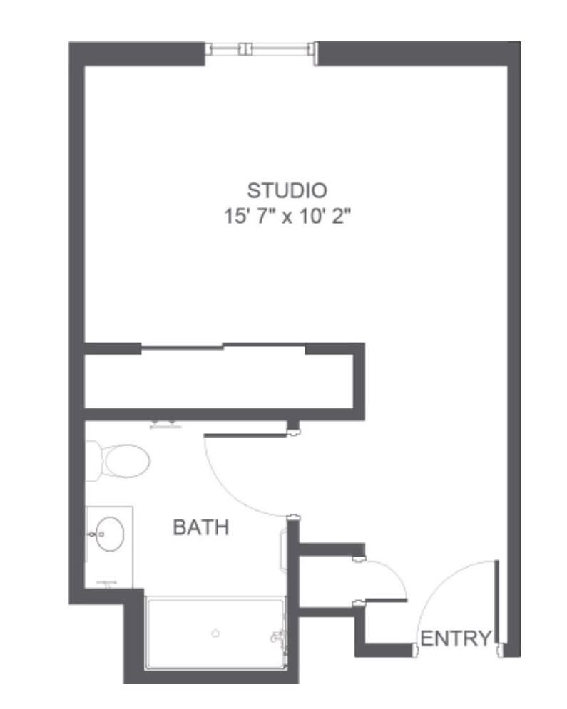 Floor plan of a studio apartment with dimensions and bathroom layout.