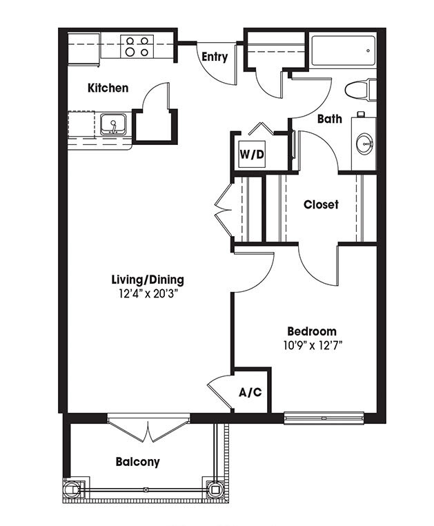 A floor plan of a one-bedroom apartment with a living/dining area, kitchen, bathroom, closet, and balcony.