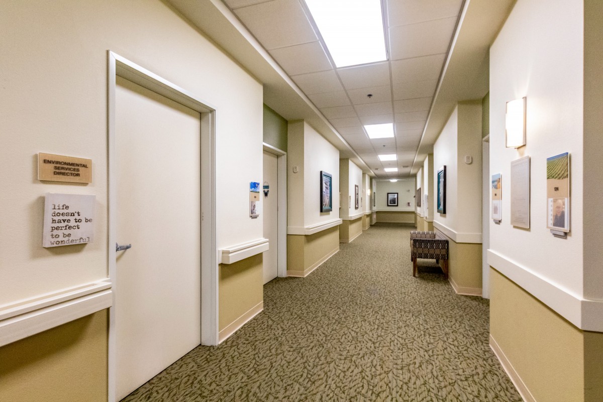 A spacious corridor with carpet flooring, lined with doors and illuminated by overhead lighting.