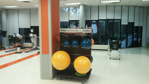 A display of colorful exercise balls and fitness equipment in a gym or therapy center.