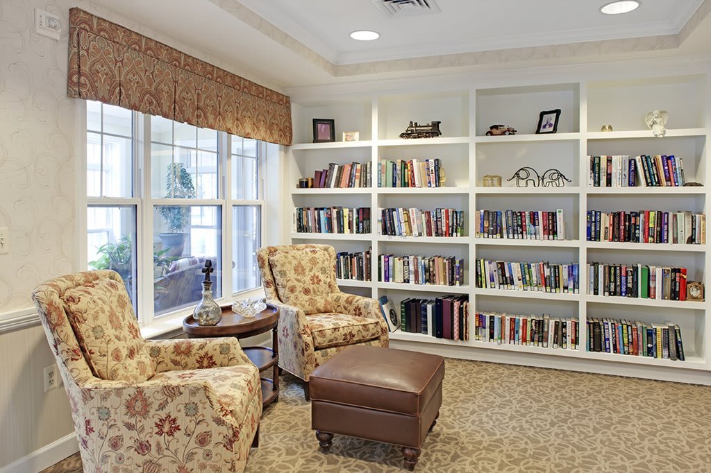 A cozy reading nook with armchairs and bookshelves in a well-lit library corner.