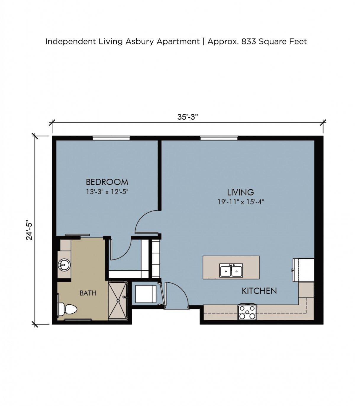 Floor plan of a living space showing the layout of rooms including a bedroom, living area, kitchen, and bathroom.