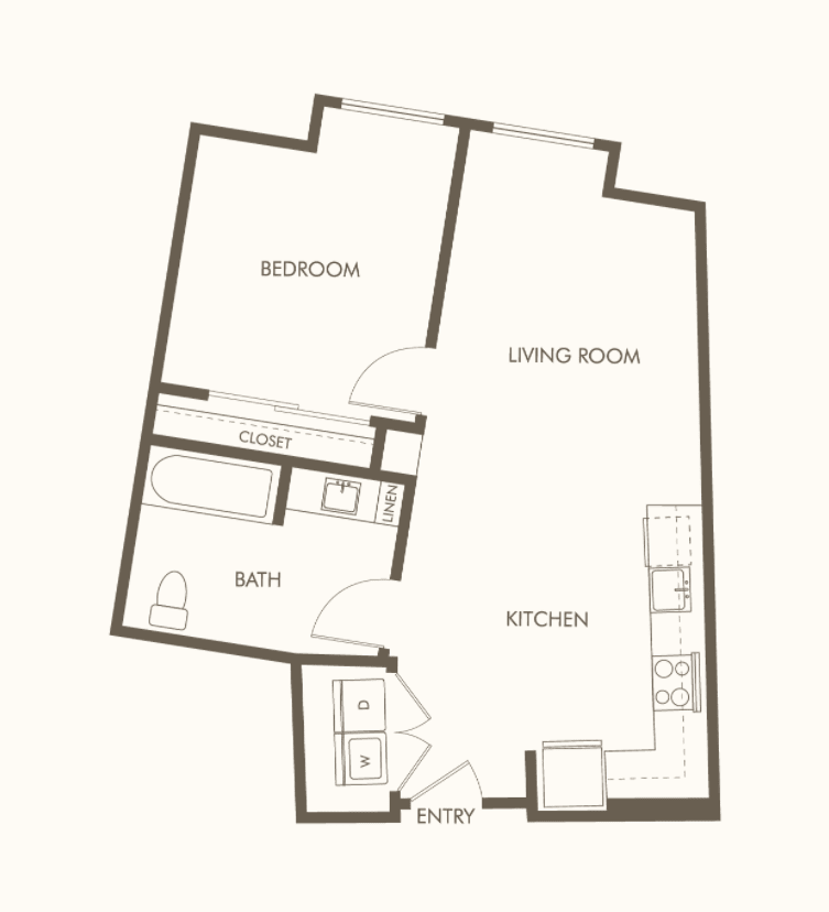 A simple floor plan featuring a bedroom, living room, kitchen, and bathroom.