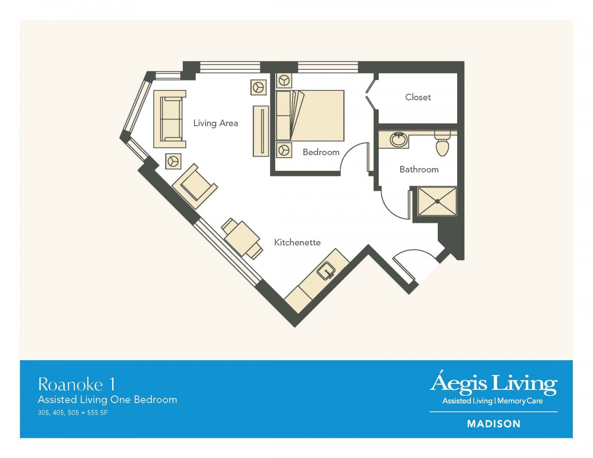 Floor plan of a one-bedroom assisted living apartment with designated areas for the living room, bedroom, bathroom, and closet.