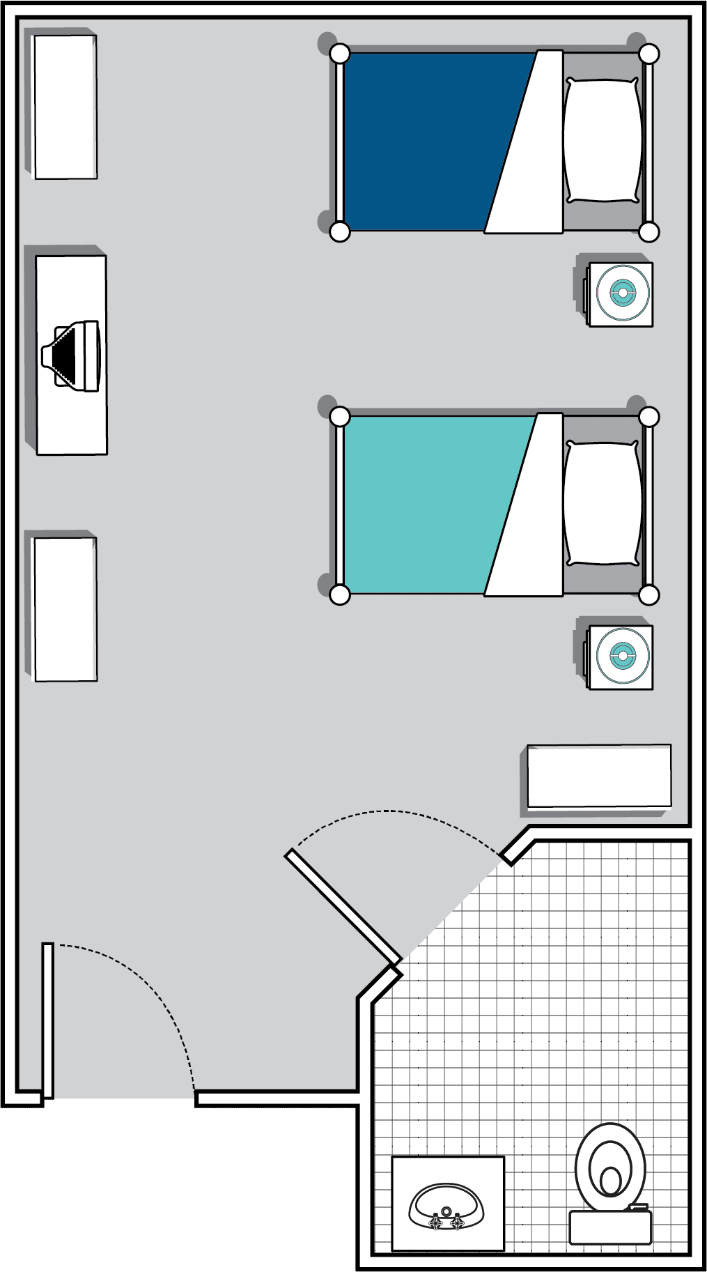 A floor plan of a bedroom featuring a bed, nightstands, desk, and wardrobe.