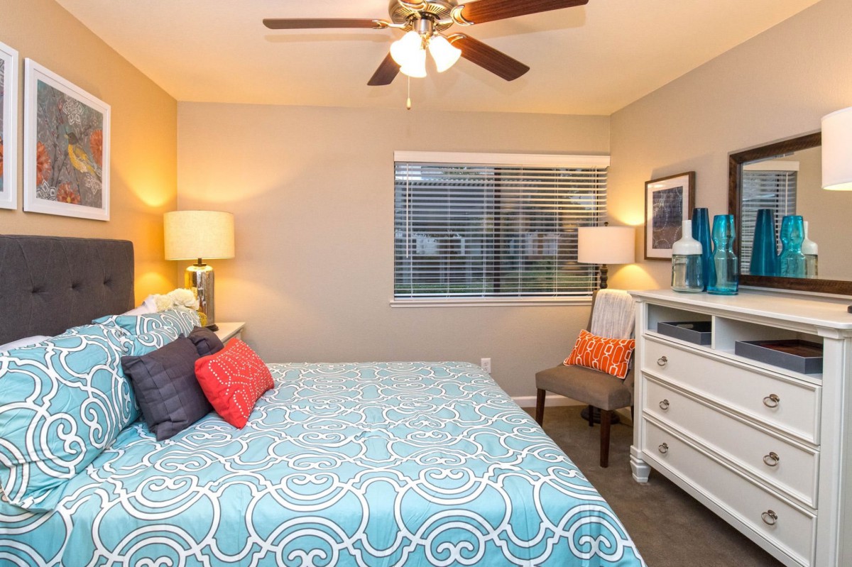 A cozy bedroom with a stylish blue-patterned bedspread, complemented by warm lighting from lamps, and a ceiling fan overhead.